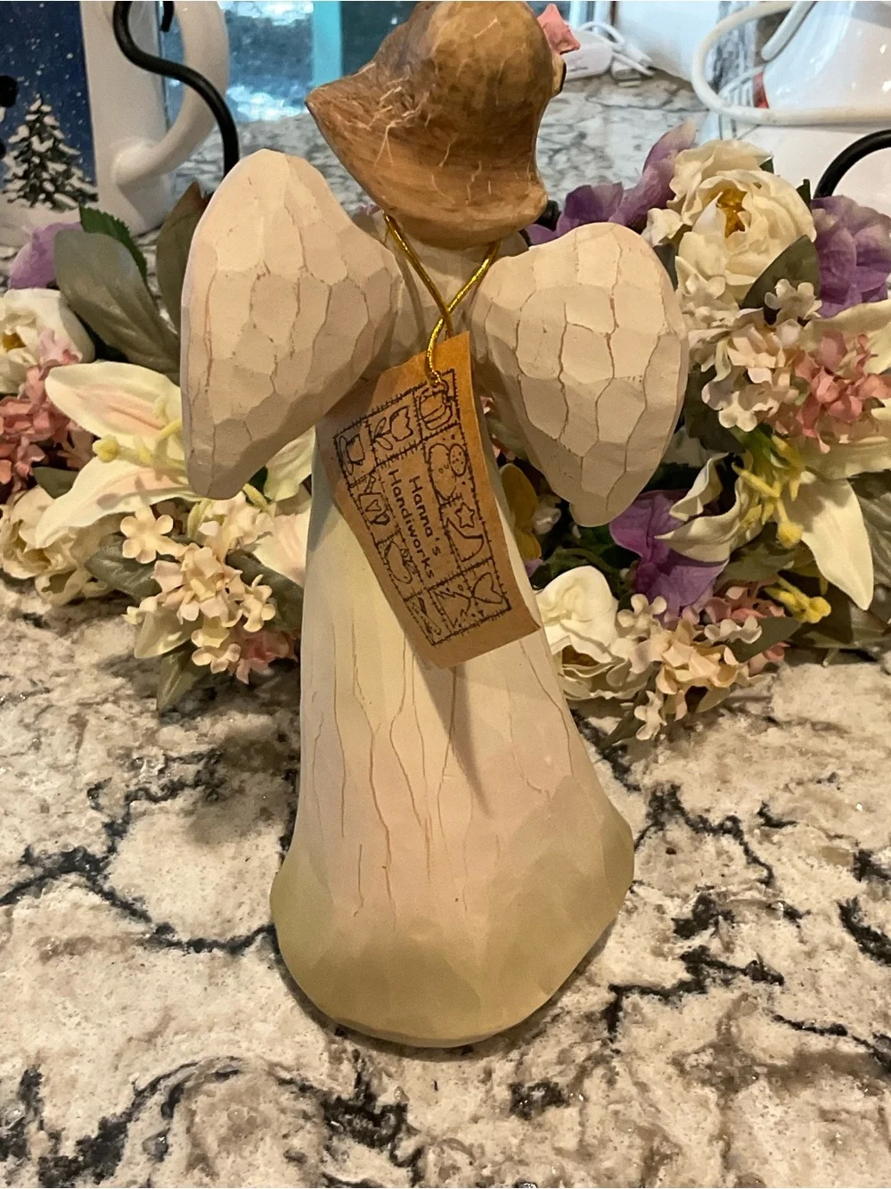 BR-Handcrafted Cream Angel Figurine with Pastel Floral Accents